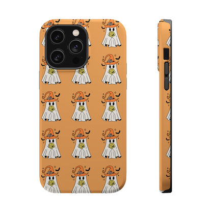 Orange iPhone Case with a white ghost with an orange witch hat and a yellow crystal ball.