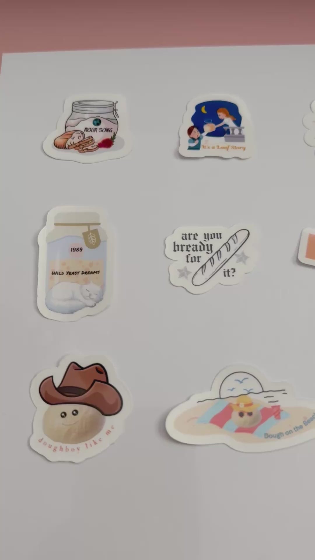 Bread pun sticker pack of 12 stickers printed on waterproof vinyl sticker paper.