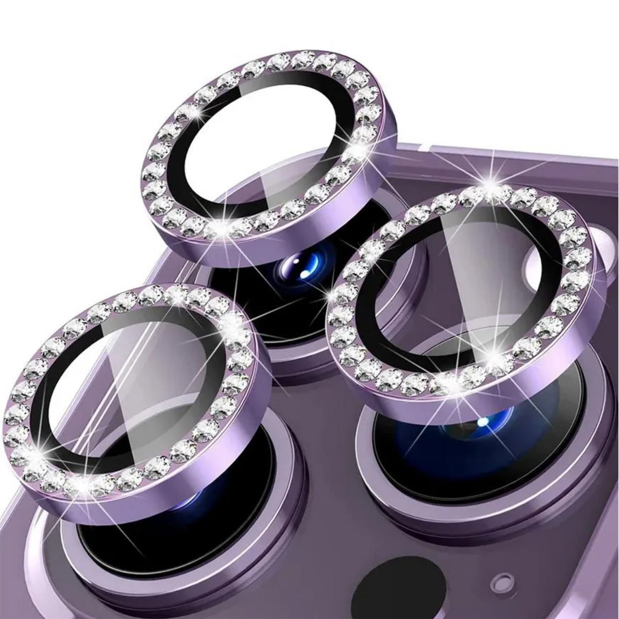 Purple phone case with rhinestone-encrusted camera lens protector on a white background