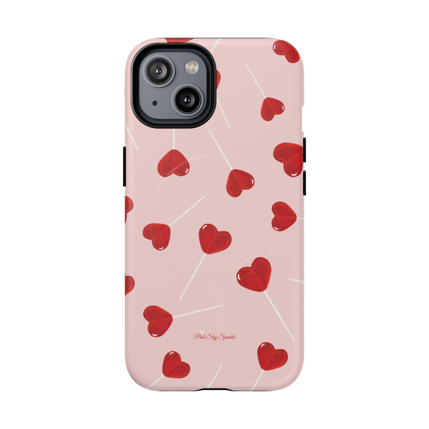 Pink phone case with red heart-shaped lollipop designs, perfect for Valentine’s Day or a playful aesthetic.