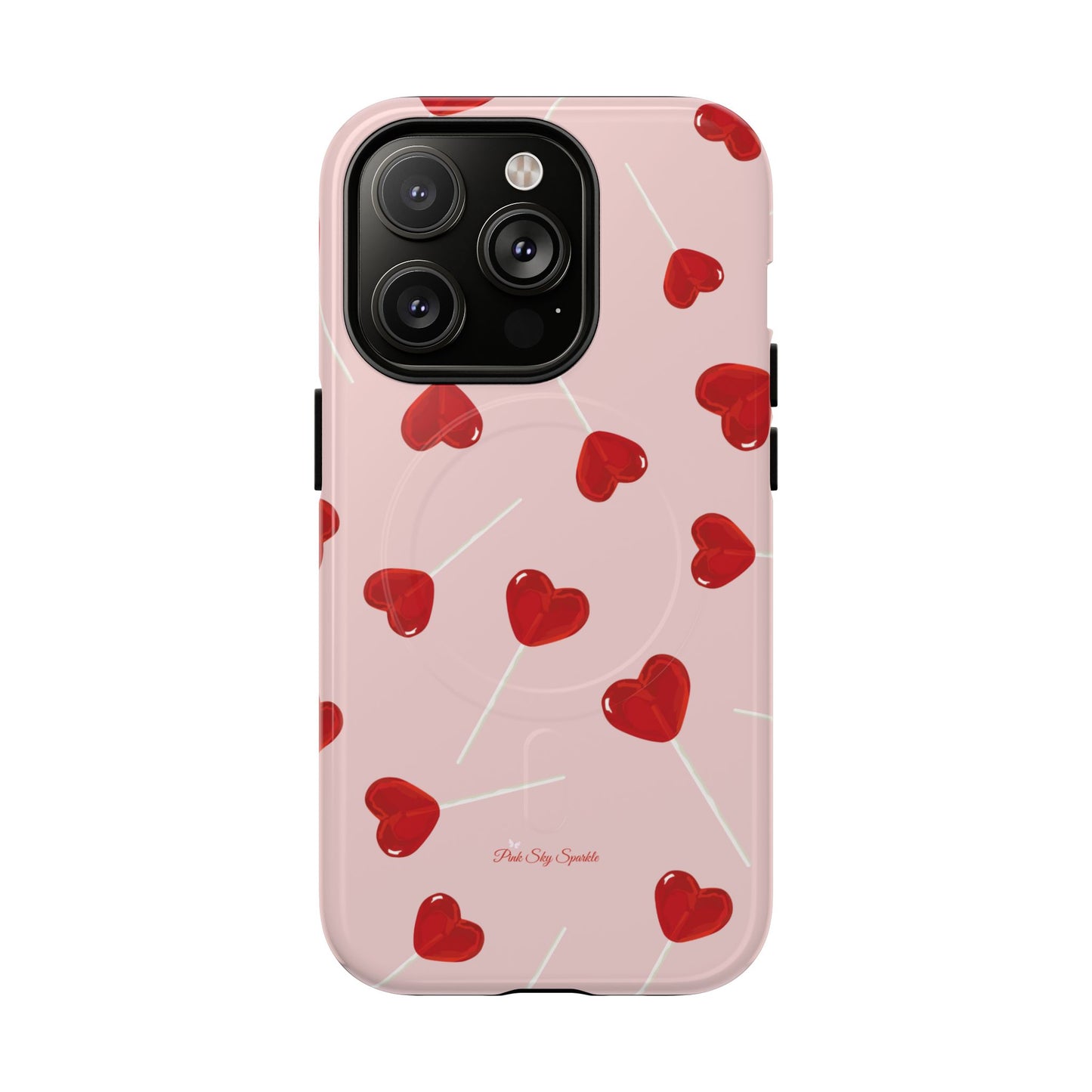 Pink phone case with red heart-shaped lollipop designs, perfect for Valentine’s Day or a playful aesthetic.