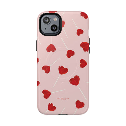 Pink phone case with red heart-shaped lollipop designs, perfect for Valentine’s Day or a playful aesthetic.