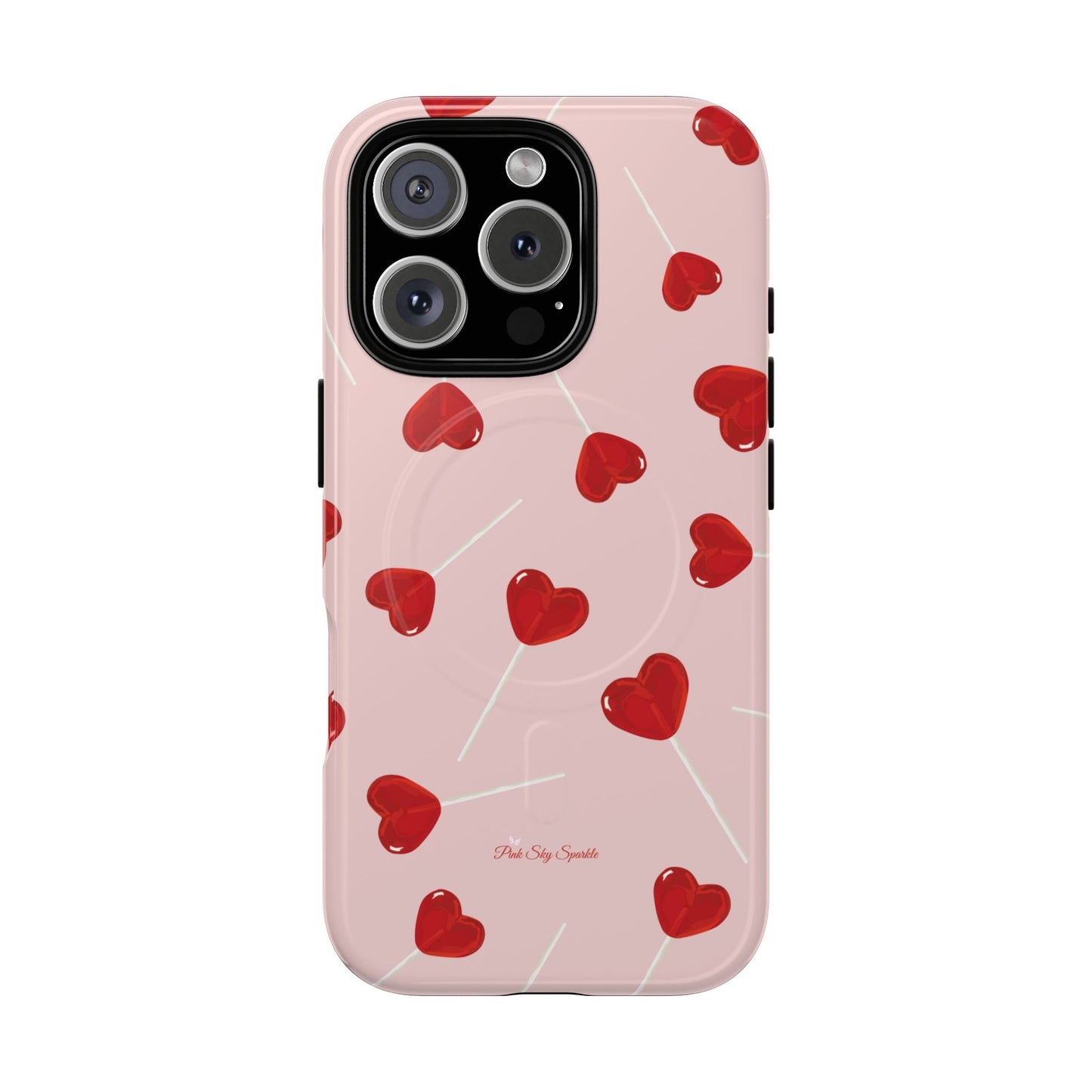 Pink phone case with red heart-shaped lollipop designs, perfect for Valentine’s Day or a playful aesthetic.