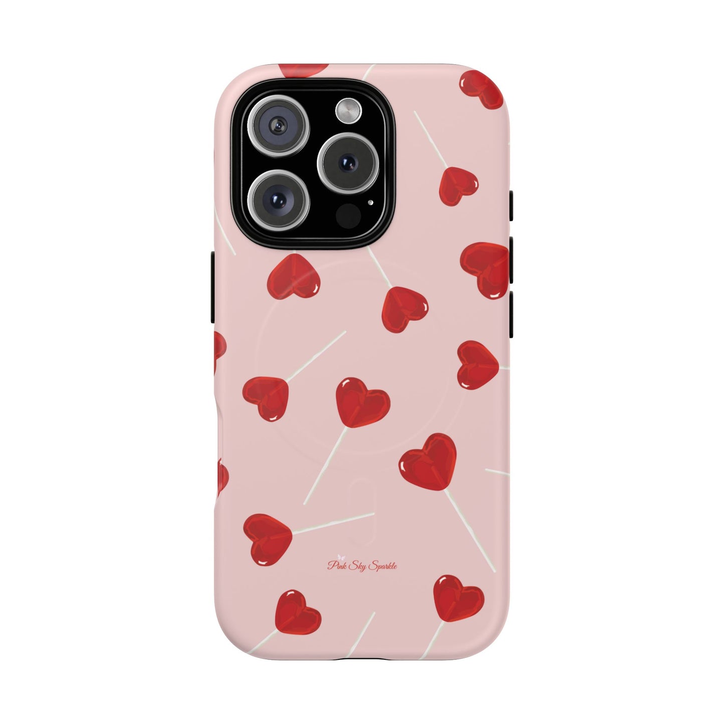 Pink phone case with red heart-shaped lollipop designs, perfect for Valentine’s Day or a playful aesthetic.