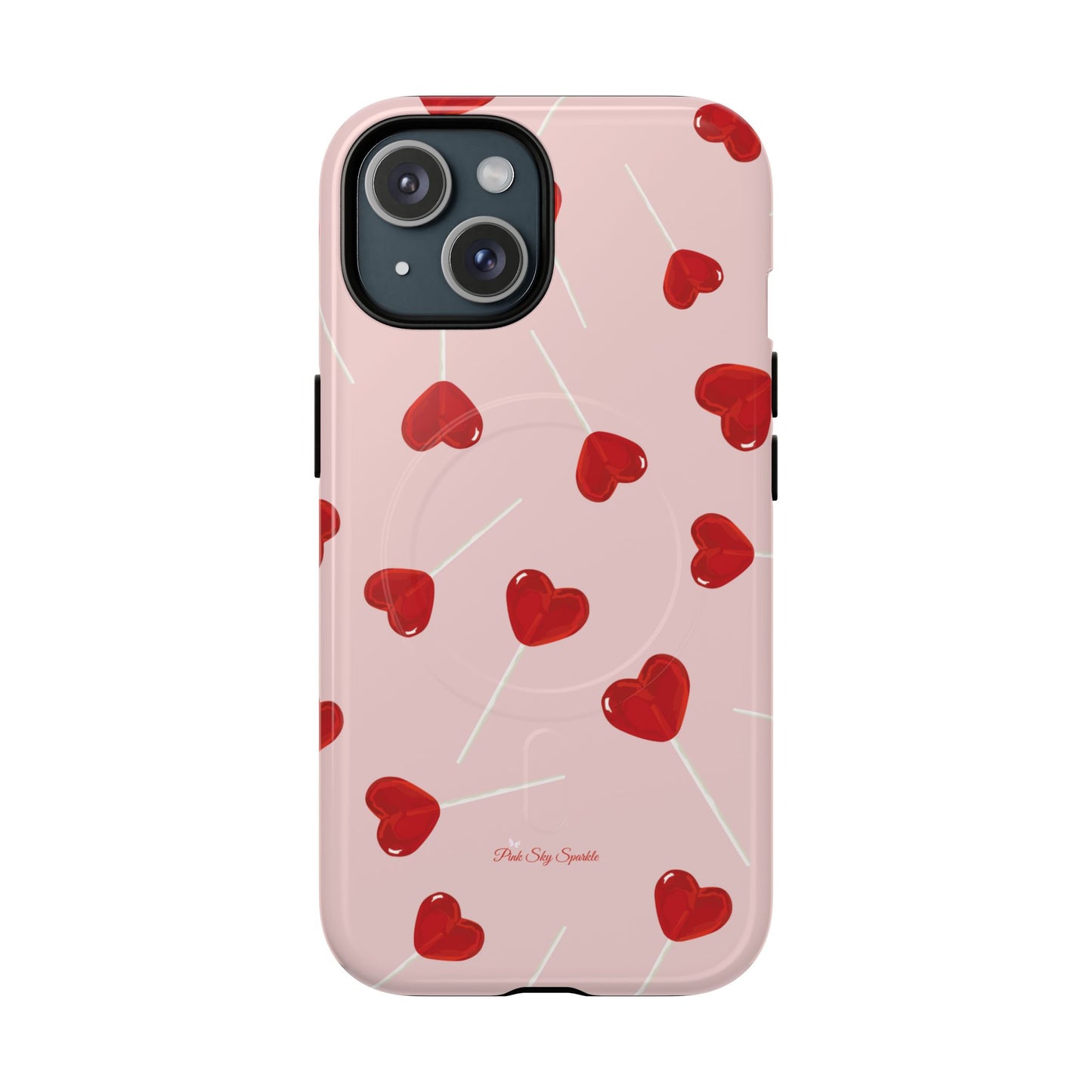 Pink phone case with red heart-shaped lollipop designs, perfect for Valentine’s Day or a playful aesthetic.