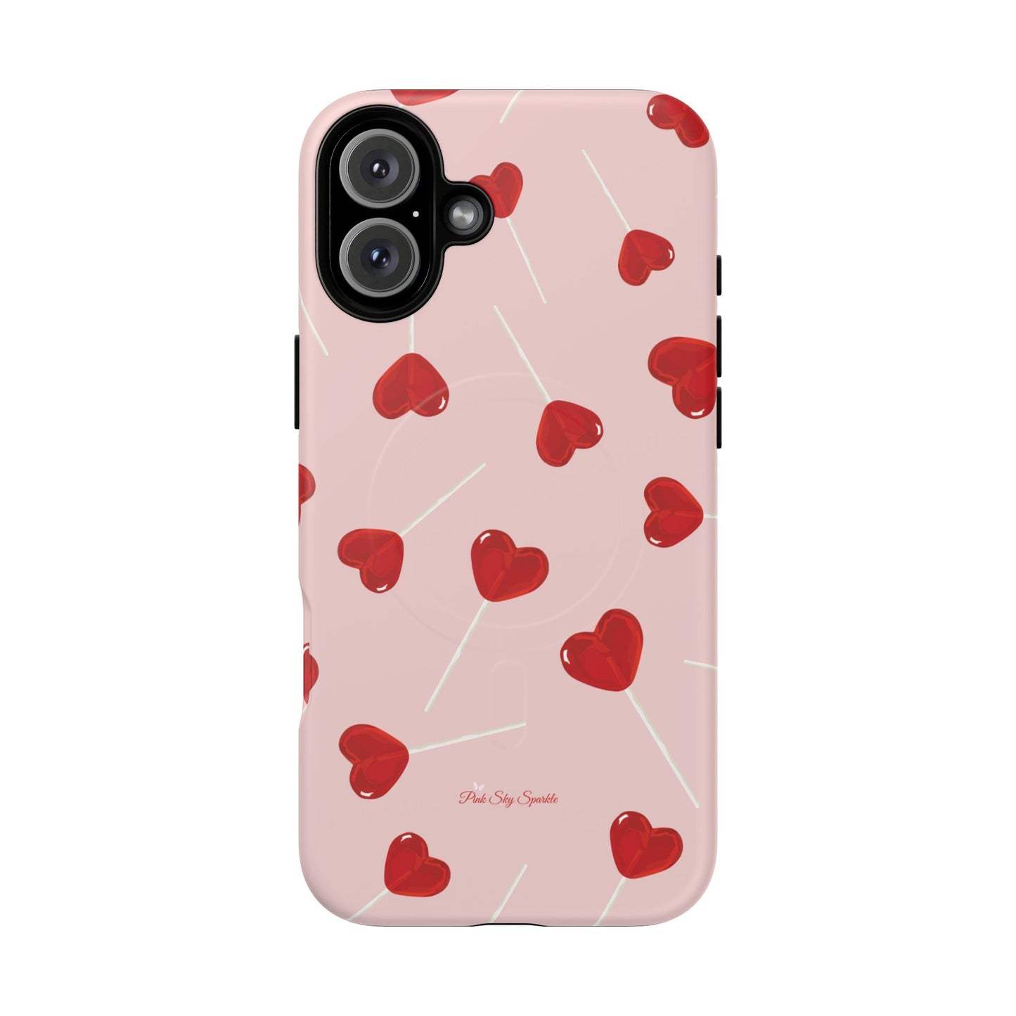 Pink phone case with red heart-shaped lollipop designs, perfect for Valentine’s Day or a playful aesthetic.