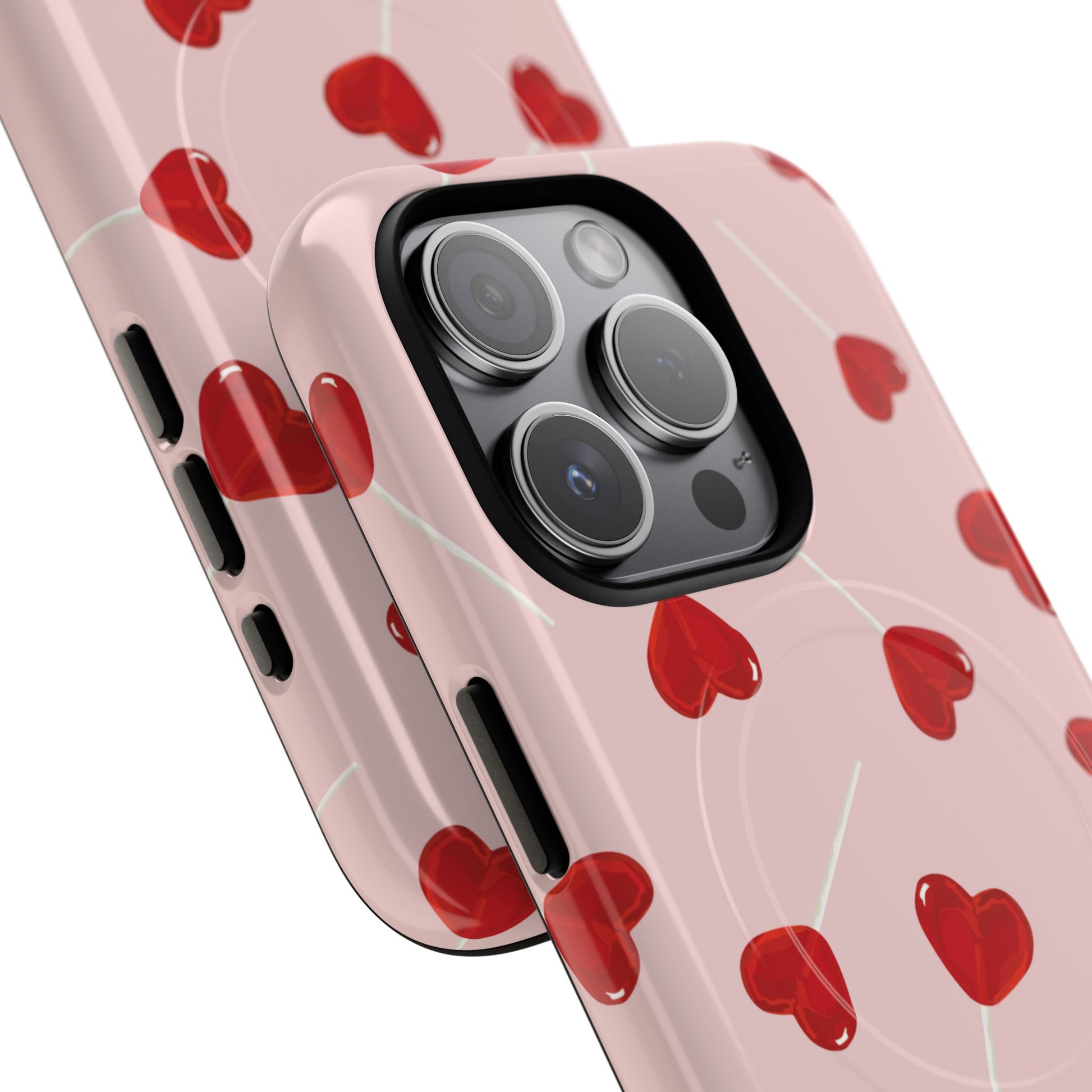 Pink phone case with red heart-shaped lollipop designs, perfect for Valentine’s Day or a playful aesthetic.