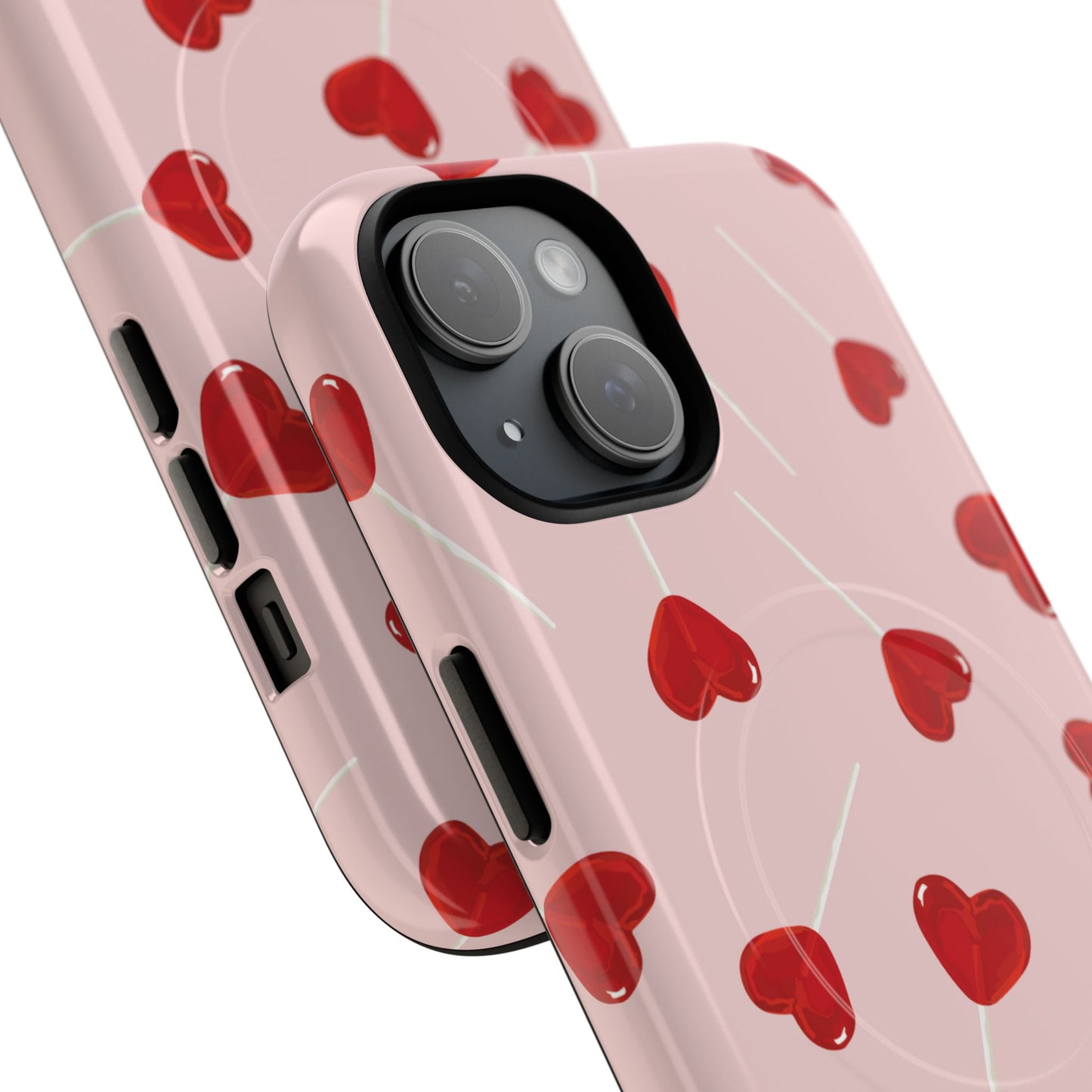 Pink phone case with red heart-shaped lollipop designs, perfect for Valentine’s Day or a playful aesthetic.