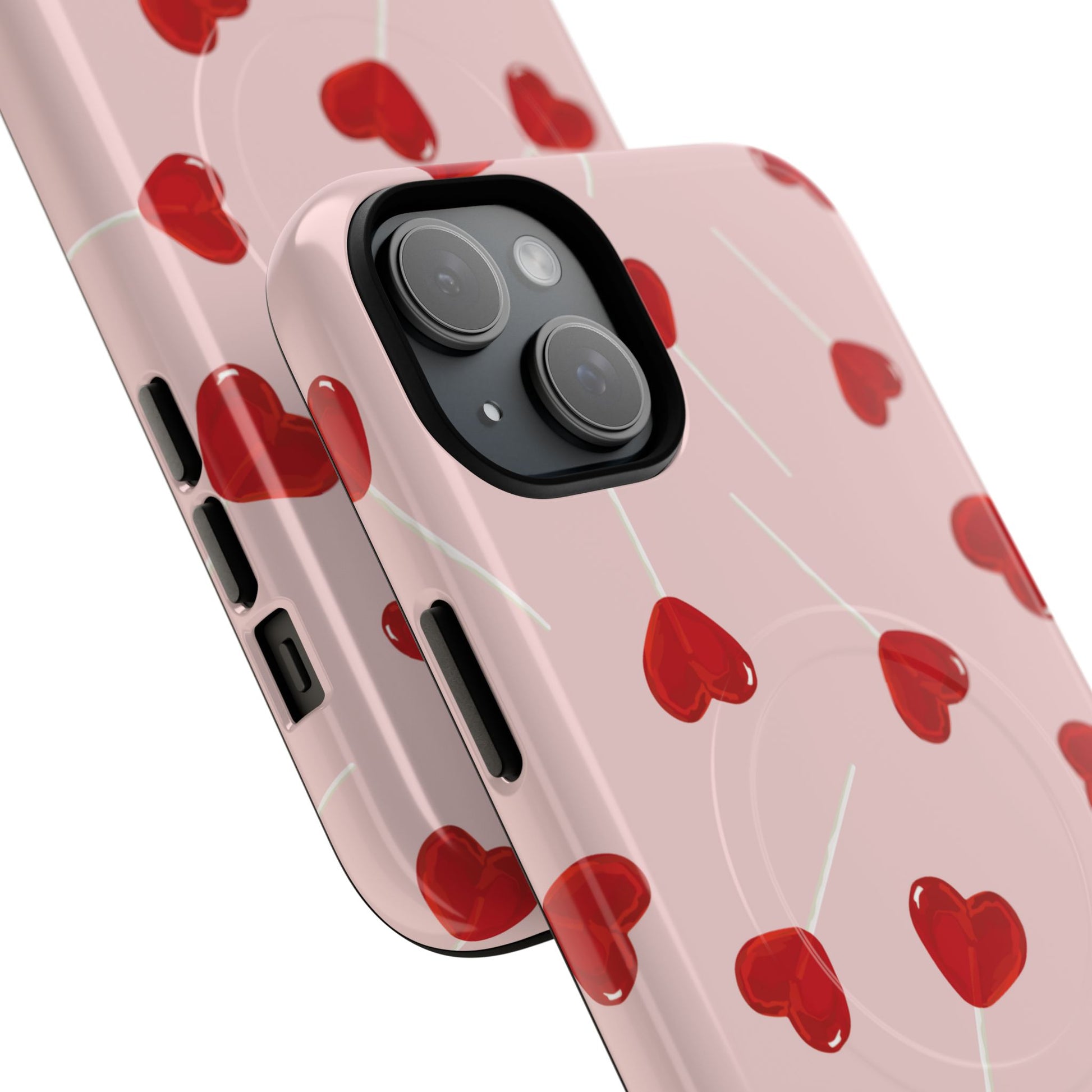 Pink phone case with red heart-shaped lollipop designs, perfect for Valentine’s Day or a playful aesthetic.