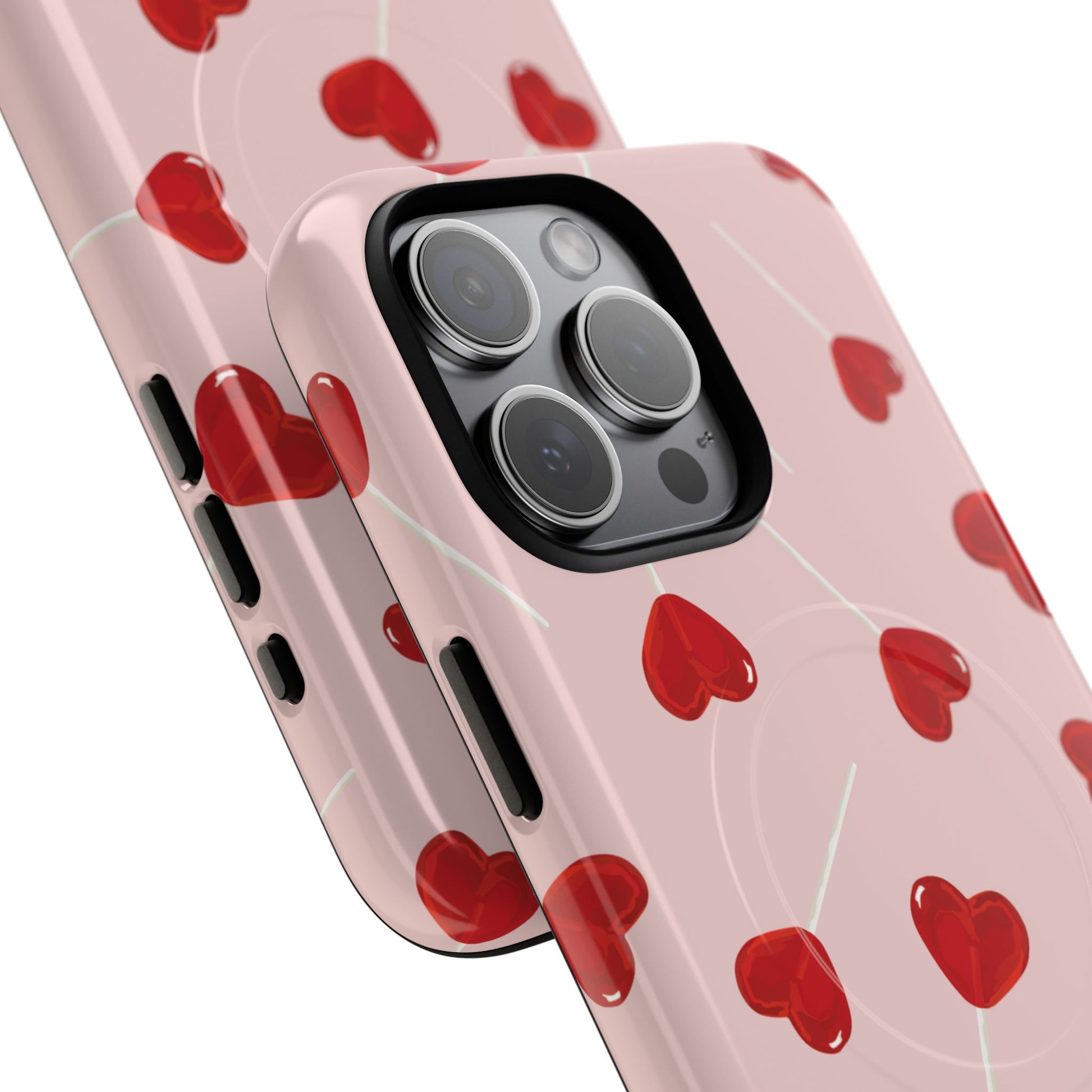 Pink phone case with red heart-shaped lollipop designs, perfect for Valentine’s Day or a playful aesthetic.