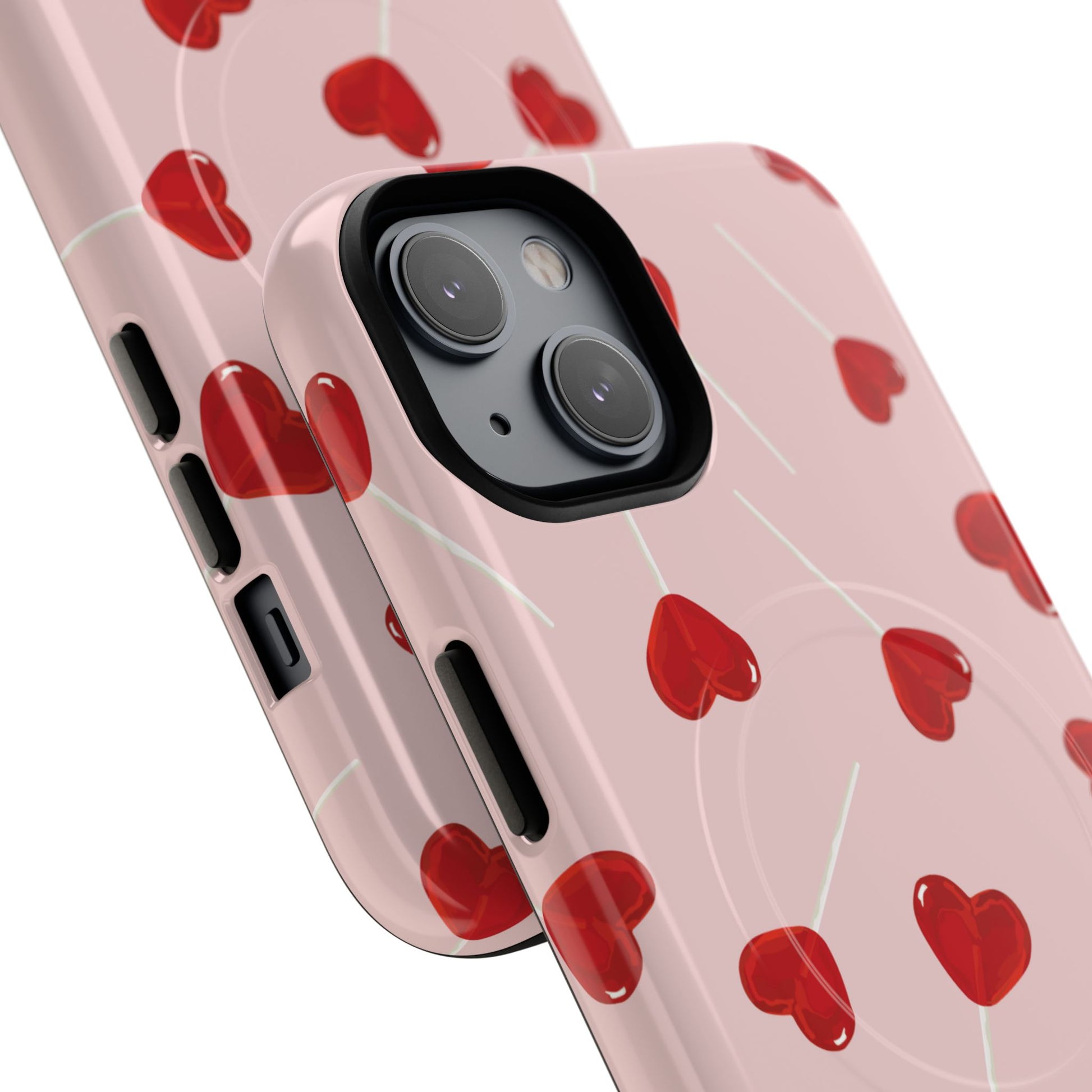 Pink phone case with red heart-shaped lollipop designs, perfect for Valentine’s Day or a playful aesthetic.