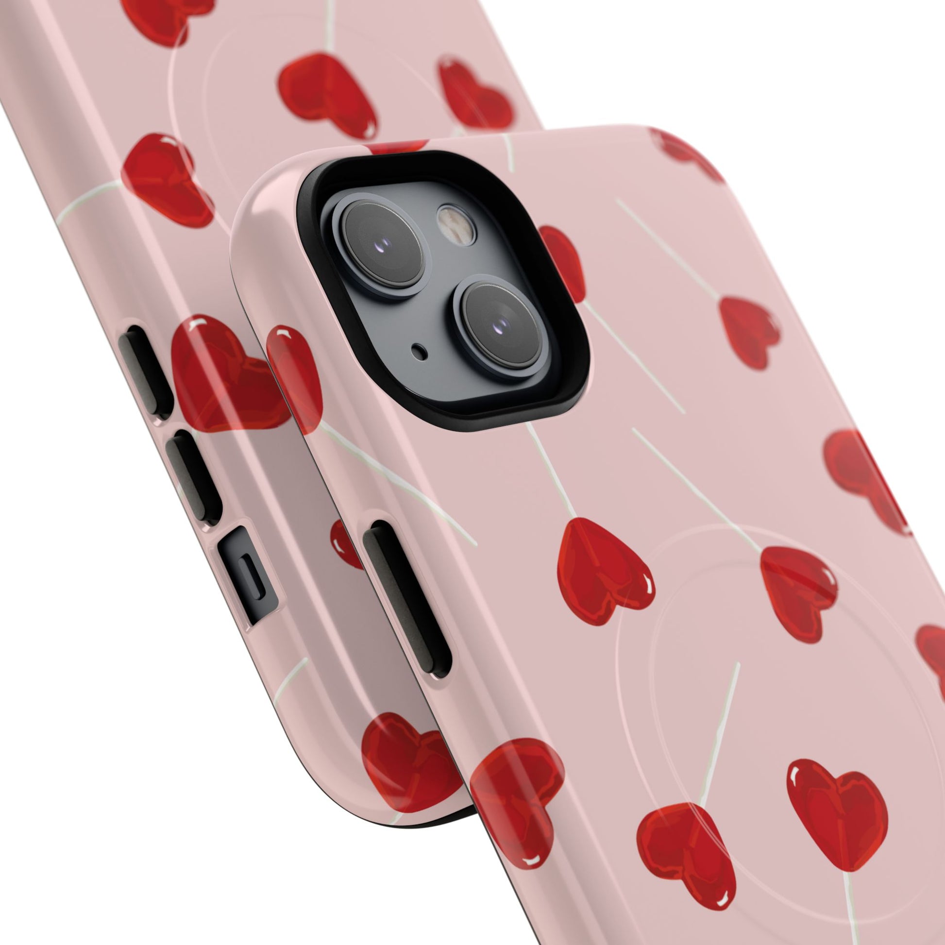 Pink phone case with red heart-shaped lollipop designs, perfect for Valentine’s Day or a playful aesthetic.