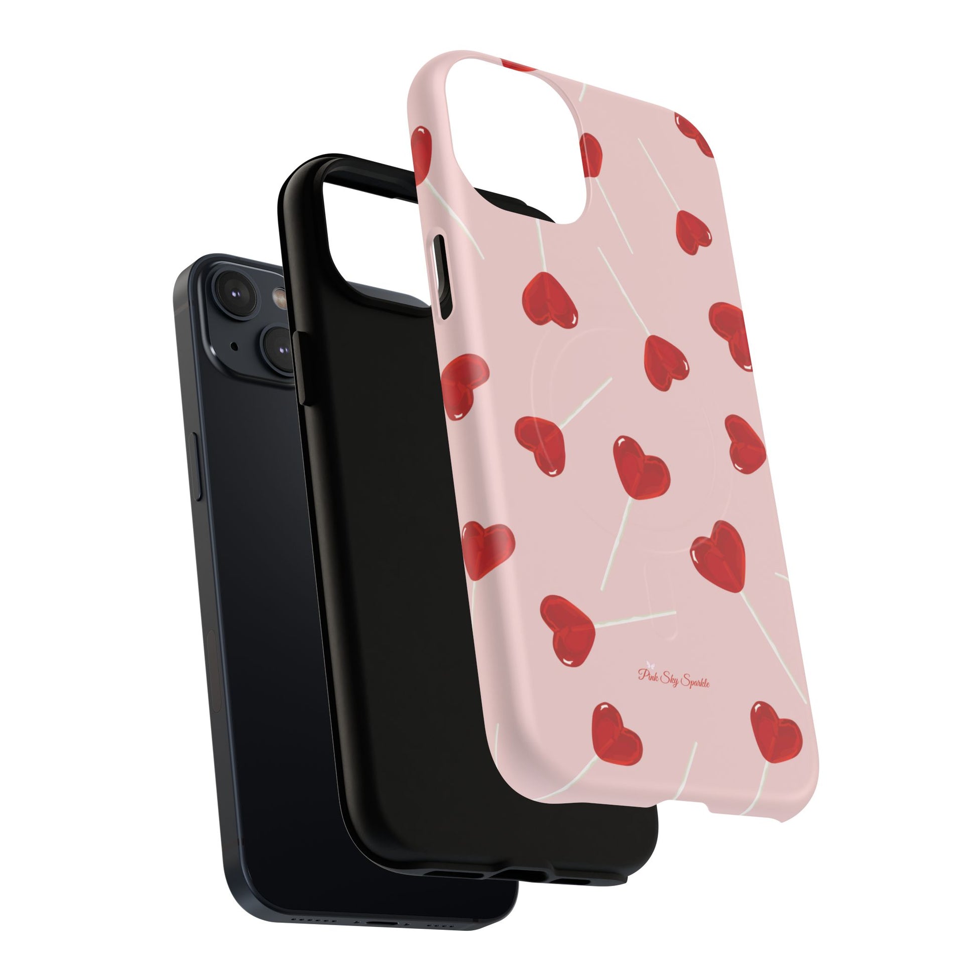 Pink phone case with red heart-shaped lollipop designs, perfect for Valentine’s Day or a playful aesthetic.