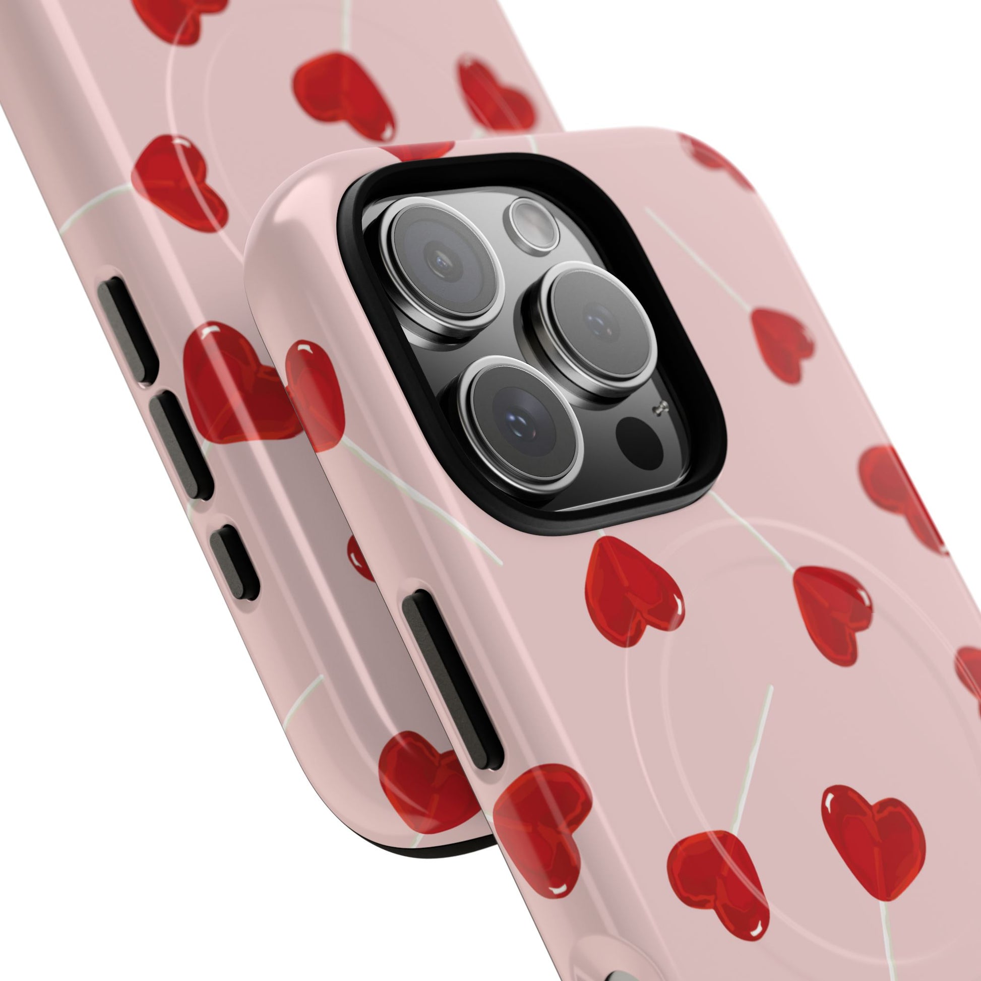 Pink phone case with red heart-shaped lollipop designs, perfect for Valentine’s Day or a playful aesthetic.