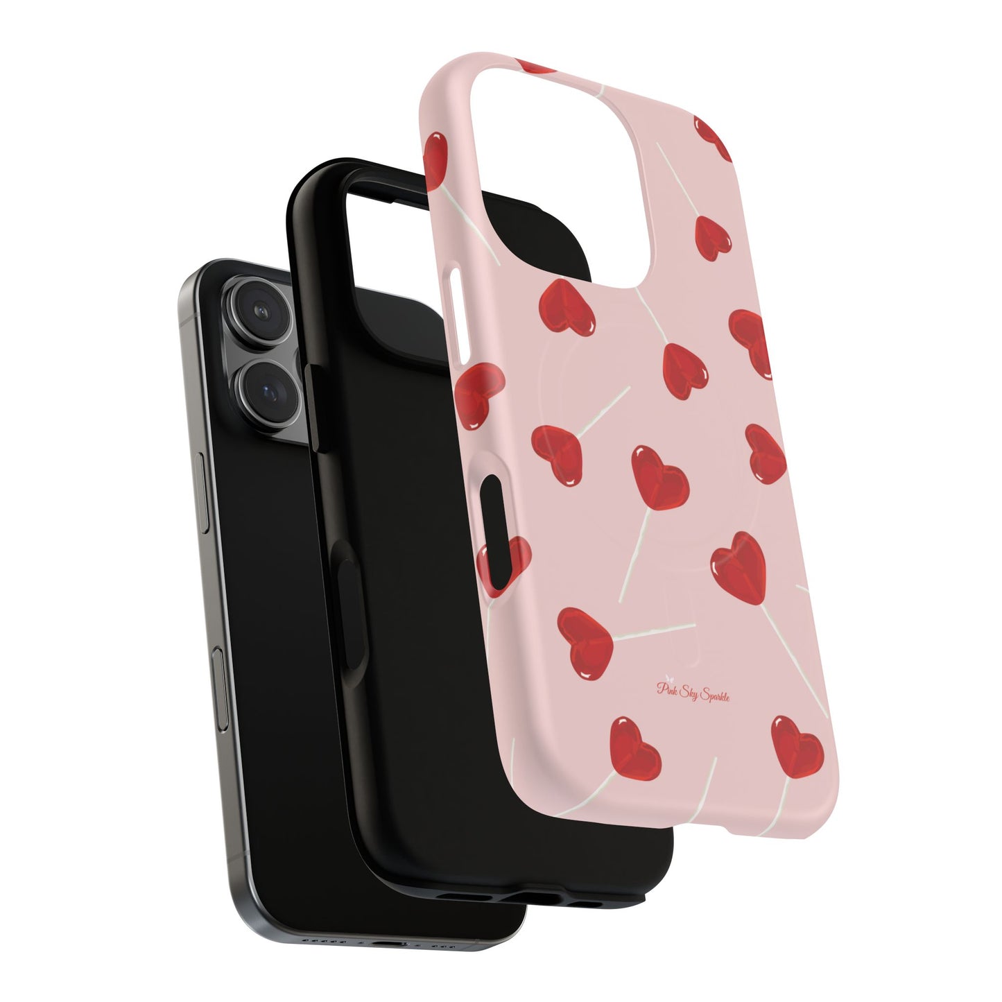 Pink phone case with red heart-shaped lollipop designs, perfect for Valentine’s Day or a playful aesthetic.