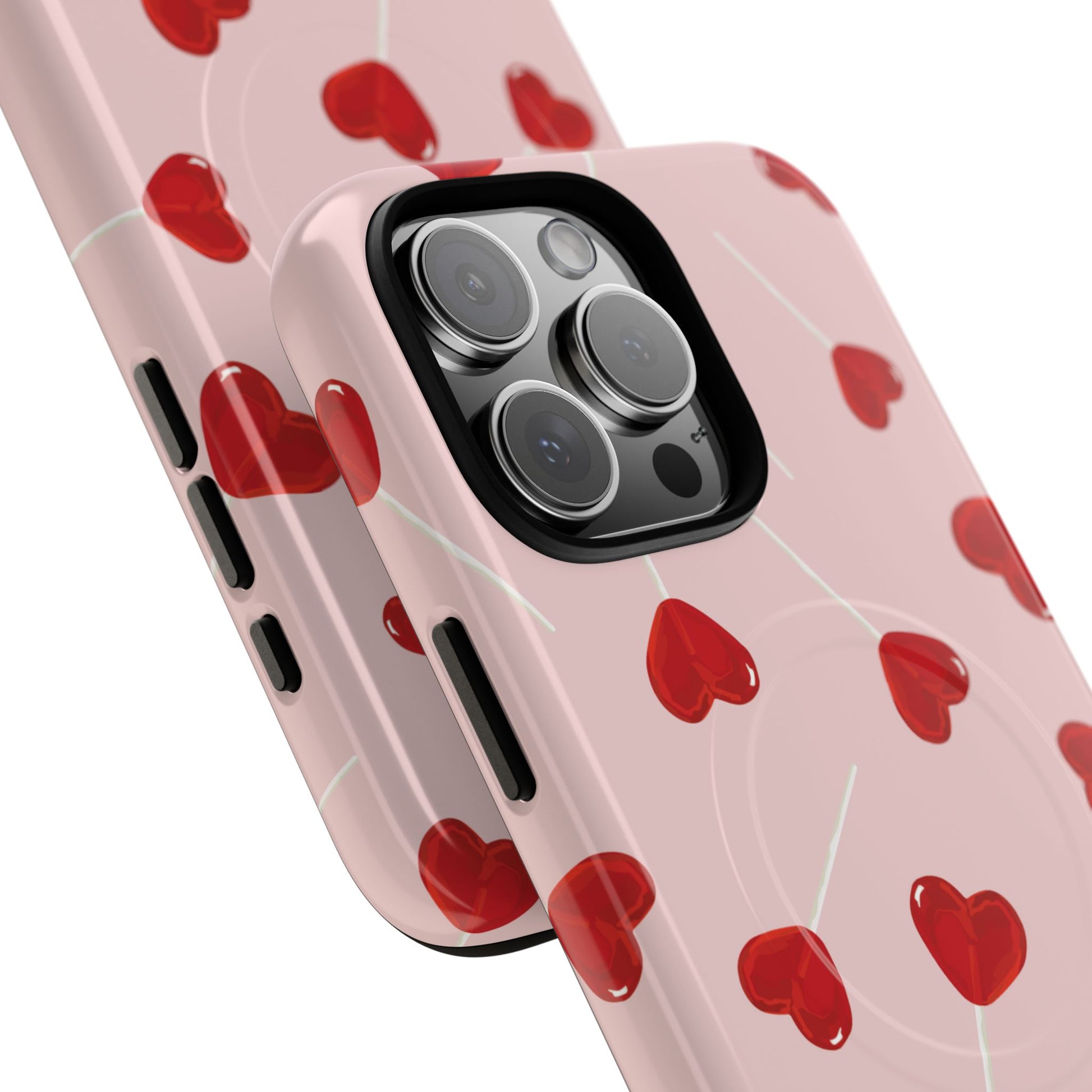 Pink phone case with red heart-shaped lollipop designs, perfect for Valentine’s Day or a playful aesthetic.