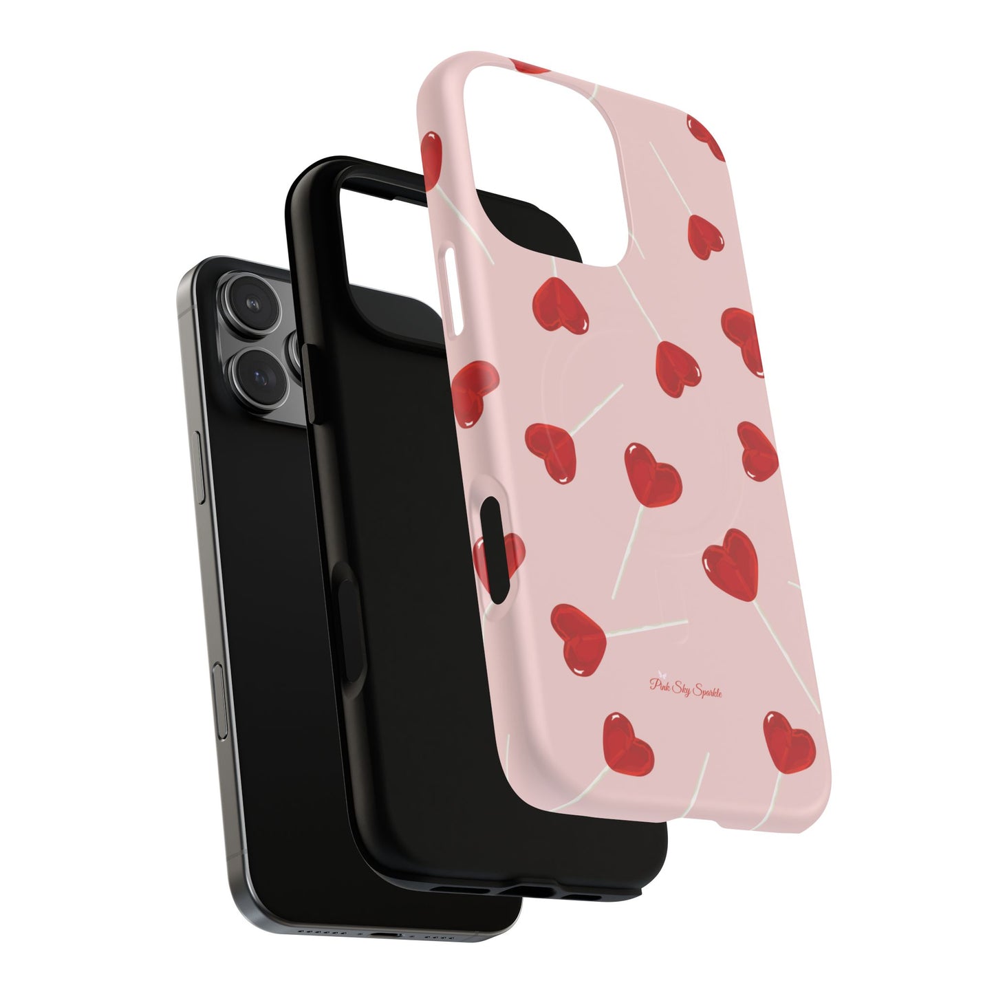 Pink phone case with red heart-shaped lollipop designs, perfect for Valentine’s Day or a playful aesthetic.