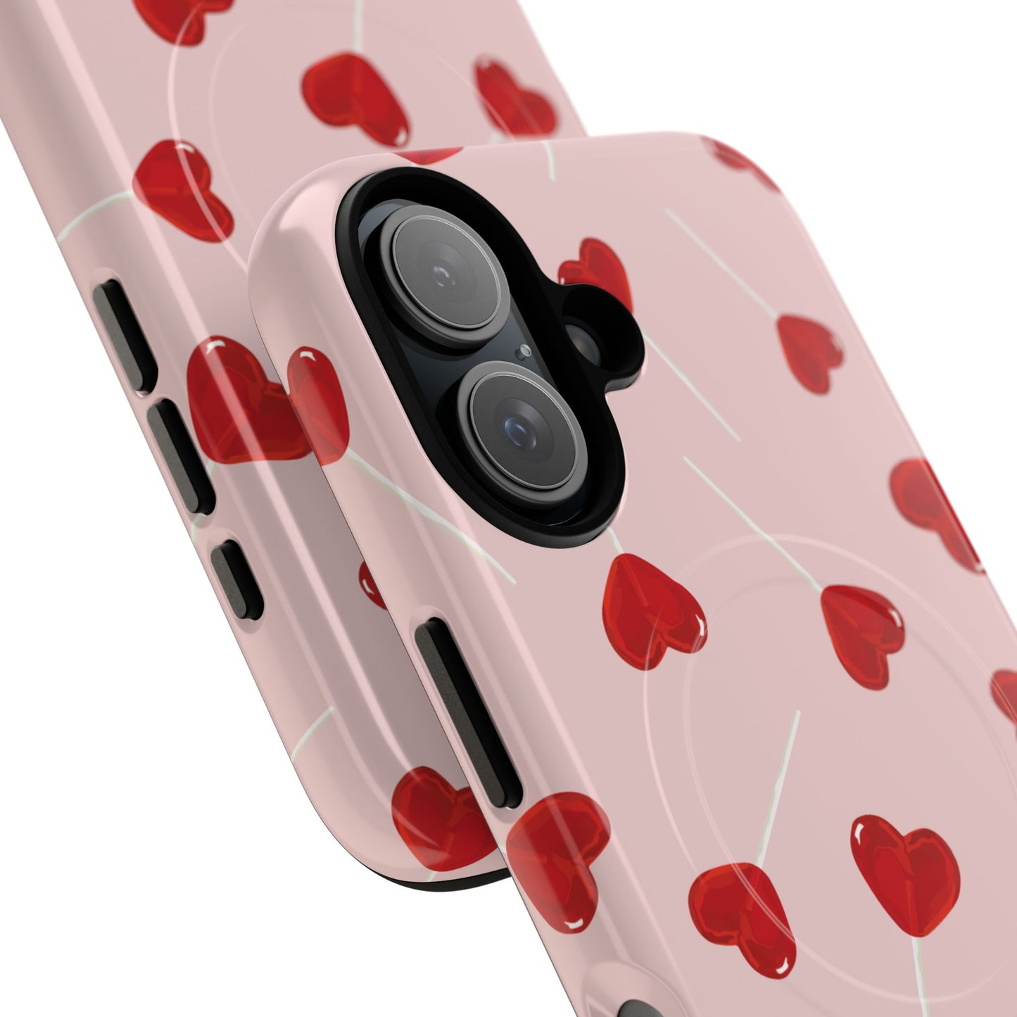 Pink phone case with red heart-shaped lollipop designs, perfect for Valentine’s Day or a playful aesthetic.