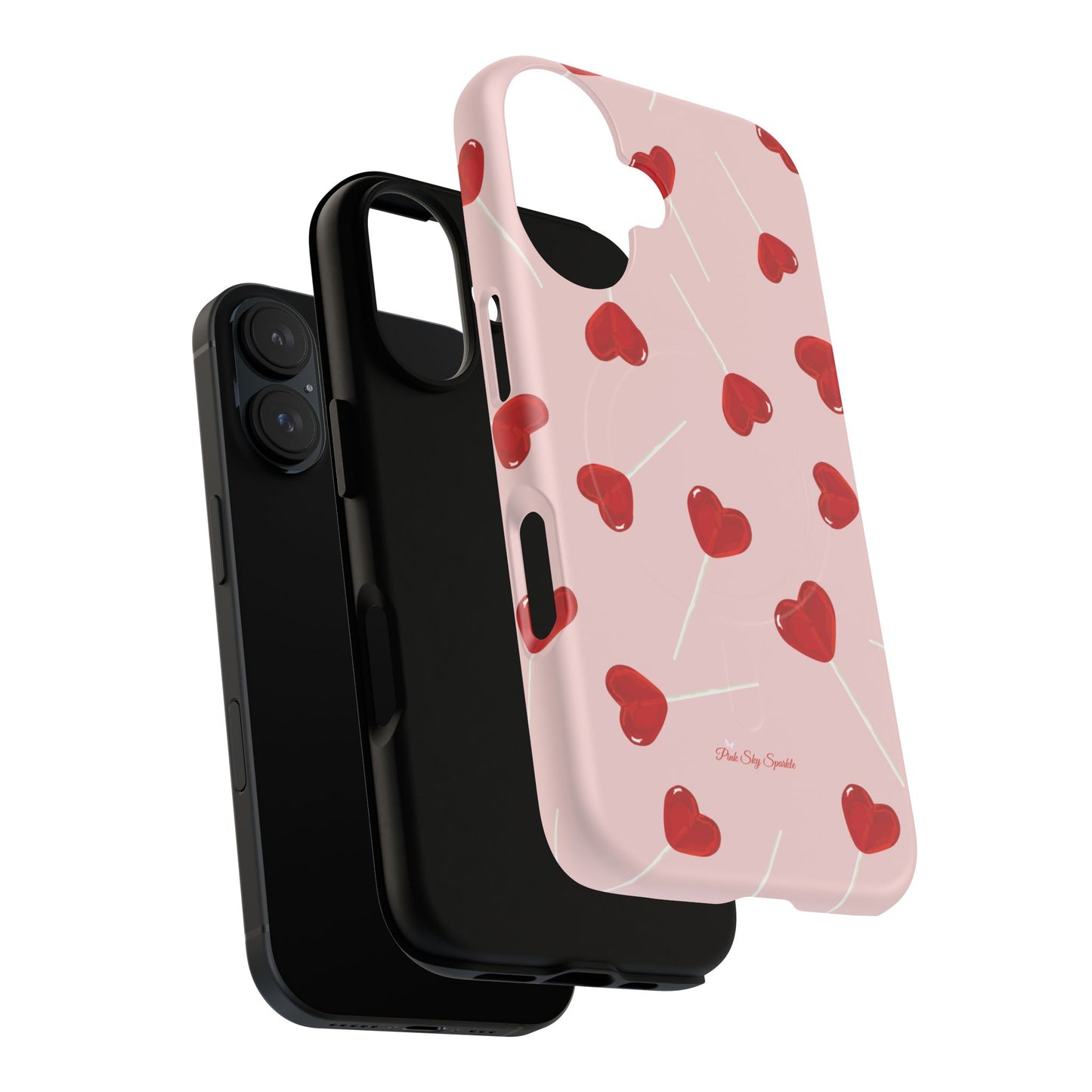 Pink phone case with red heart-shaped lollipop designs, perfect for Valentine’s Day or a playful aesthetic.