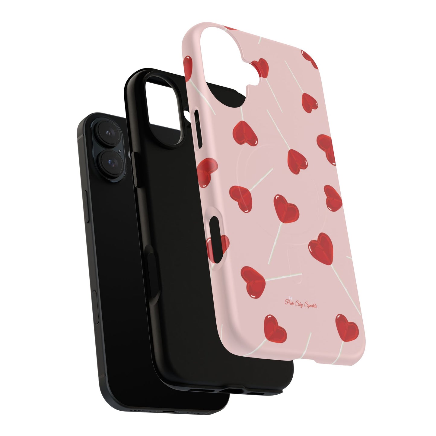 Pink phone case with red heart-shaped lollipop designs, perfect for Valentine’s Day or a playful aesthetic.